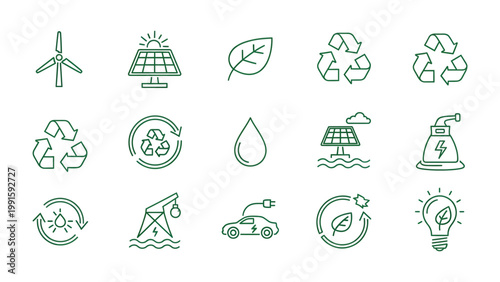 Green energy icons illustration: A collection of meticulously designed green energy icons, celebrating sustainable practices, and innovations in renewable power sources.