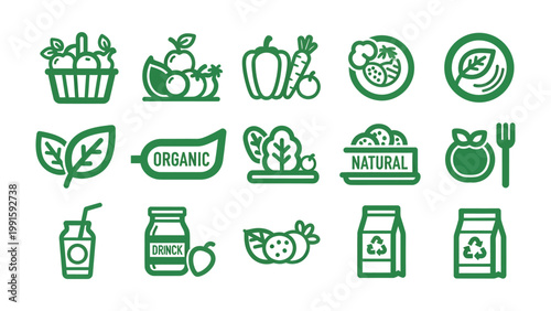 Green Icons of Healthy Food: A collection of clean, green icons that symbolize freshness, organic quality, and the essence of natural cuisine.