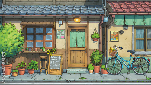 Charming Urban Cafe Scene with Lush Greenery and a Vintage Bicycle Perfect for a Cozy Lifestyle Experience