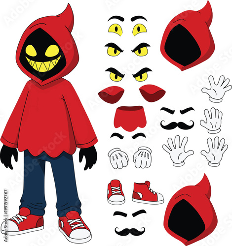 Cartoon character construction kit featuring a hooded figure in a red sweatshirt blue jeans and sneakers with various interchangeable facial expressions and hand gestures