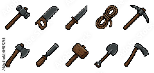 A collection of pixel art tools including hammers, saws, knives, rope, pickaxes, axes, chisels, and shovels, rendered with a retro aesthetic.