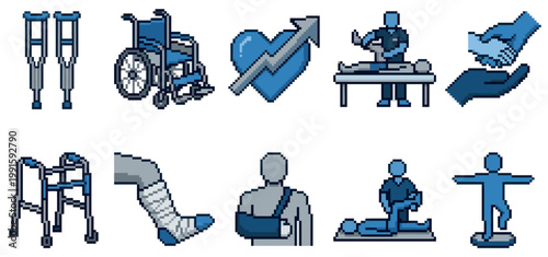 A collection of pixel art icons representing various aspects of healthcare, including medical equipment, injuries, and physical therapy.