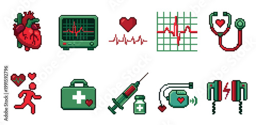 A collection of pixel art icons representing medical and heart health themes, including a heart, EKG, stethoscope, and first aid kit.