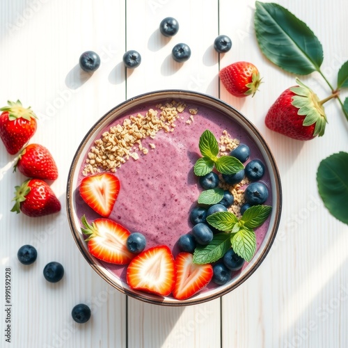 Delicious smoothie bowl recipe kitchen food photography bright setting overhead view healthy eating concept