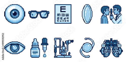 Collection of pixel art icons representing eye care, including an eyeball, glasses, eye chart, lens, doctor examining patient, and equipment in blue hues.