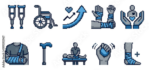 A collection of pixel art icons depicting various aspects of medical recovery, including crutches, wheelchair, physical therapy, and recovery symbols.