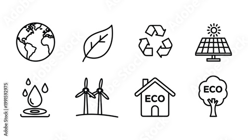 Tableau sur toile Eco Icons of the Earth: A collection of minimalist line icons representing Earth's ecosystems and the significance of ecology and sustainable living