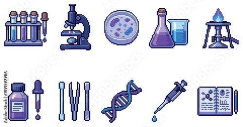 A collection of pixel art science icons including test tubes, microscope, petri dish, DNA, and syringe on a white background.