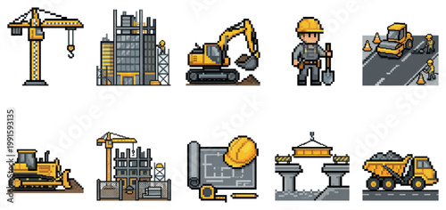 A collection of pixel art icons depicting construction equipment, workers, blueprints, and buildings, perfect for games or web design.