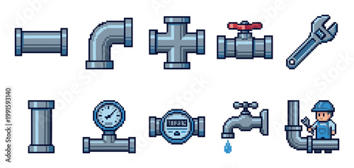A collection of pixel art illustrations featuring plumbing components like pipes, valves, a meter, a tap with dripping water, a wrench, and a plumber at work.