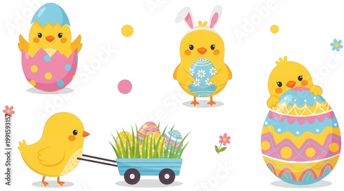 Easter chick png Yellow bird cutout Decorated egg png Cute animal cutout Holiday mascot png Spring fledgling cutout Colorful poultry png Cartoon chicken cutout isolated transparent background image