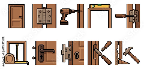 Pixel art collection of door installation tools including drill, level, tape measure, chisel, hammer, and various door hardware like hinges, handles, and locks.