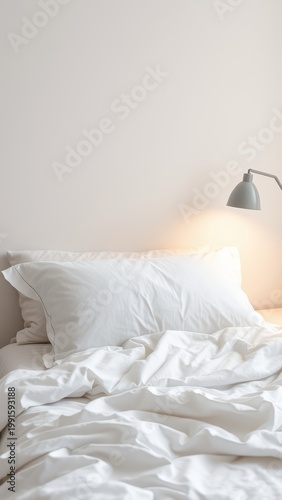 Cozy bed setup minimalist bedroom photography calm environment close-up view comfort concept