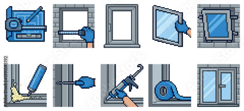 This pixel art illustration shows the steps of installing a window, from planning to sealing, using tools like tape measures and caulk guns.