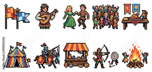 A collection of pixel art icons depicting a medieval fair scene, including knights, musicians, dancers, tents, a feast, and a campfire.