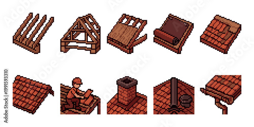 A collection of pixel art illustrations depicting various stages and components of roof construction, from wooden frames to tiled surfaces and chimneys.