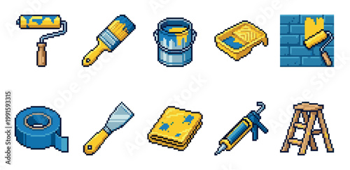A collection of pixel art icons depicts essential renovation tools including paint rollers, brushes, a paint can, tray, tape, spatula, caulk gun, and stepladder.