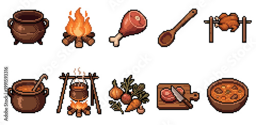 A collection of pixel art icons depicting various food preparation stages and items, including cooking pots, fire, meat, vegetables, and soup.