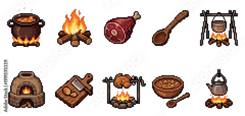 A collection of pixel art icons depicting various cooking and food preparation elements, including a cauldron, campfire, meat, and utensils, with a rustic, vintage style.