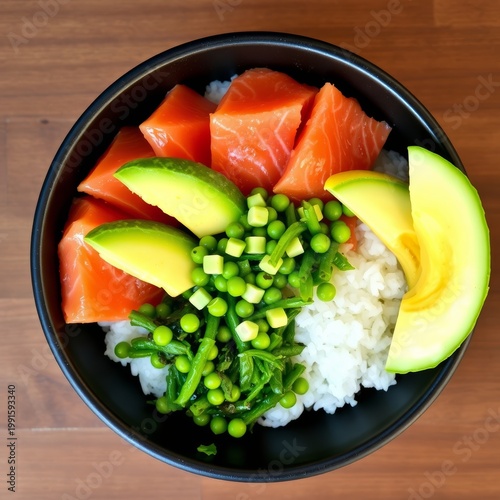 Delicious salmon avocado bowl recipe kitchen food photography indoor top view culinary inspiration