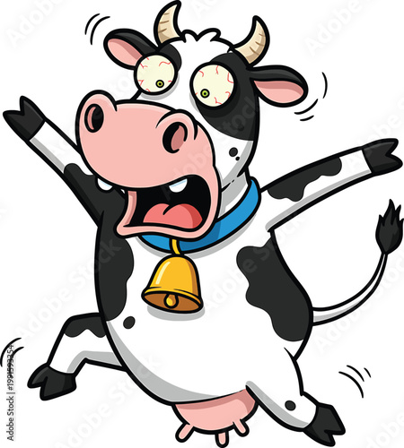 Cartoon cow with black and white spots wearing a blue collar and yellow bell looking panicked with bloodshot eyes and mouth wide open in a startled pose