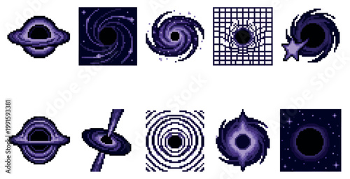 A collection of ten unique pixel art illustrations of black holes with swirling accretion disks and starry backgrounds in shades of purple and blue.