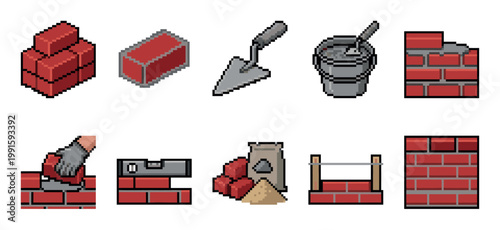A collection of pixel art icons depicts bricks, trowel, mortar bucket, and bricklaying process, ideal for construction or DIY related projects.