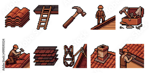 A pixel art collection of roofing and construction icons featuring tiles, ladders, tools, workers and safety equipment for a graphic design project.