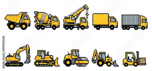 A collection of pixel art illustrations featuring various yellow construction and logistics vehicles, including dump trucks, concrete mixers, cranes, lorries, and forklifts, on a white background.