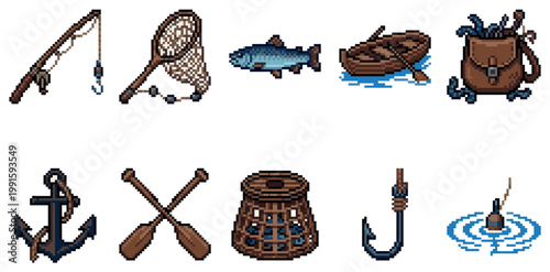 A collection of pixel art icons representing various fishing and nautical equipment including a fishing rod, net, fish, boat, bag, anchor, oars, trap, hook, and bobber on a white background.