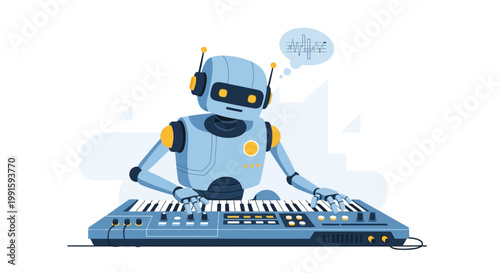 A friendly blue robot playing a digital music synthesizer keyboard.