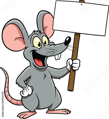 Cartoon gray mouse character smiling and holding a blank white rectangular sign on a wooden stick against a white background