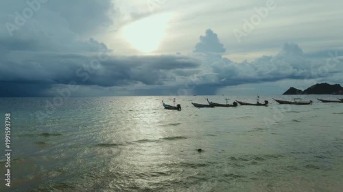 Nightfall Over Quiet Harbor. Twilight Casts Tranquil Glow Over Moored Boats And Reflective Sea Surface
