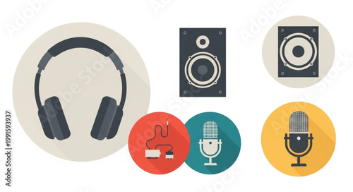 Audio equipment icons including headphones speakers and microphone.