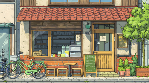 Charming Cafe with Vibrant Outdoor Seating and Bicycles: A Cozy Spot for Relaxation in the Heart of the City