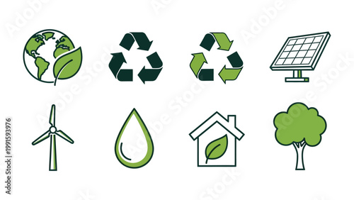 Eco-Friendly Icons: A visually appealing array of eco-friendly symbols, showcasing sustainable practices and environmental conservation. Symbols including, renewable energy, recycling.
