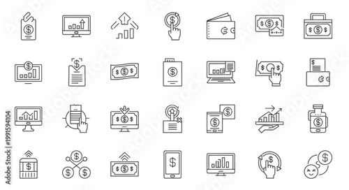 Financial Icons Collection Representing Money Transactions and Growth.