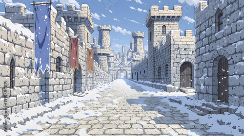 A Breathtaking Medieval Castle Landscape in Winter: Snow-Covered Towers and Ancient Walls Create a Stunning Fantasy Gateway to Explore