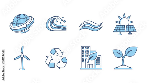 Eco-Friendly Icons: A collection of stylized icons symbolizes sustainable living and eco-consciousness, promoting environmental protection and resource management.