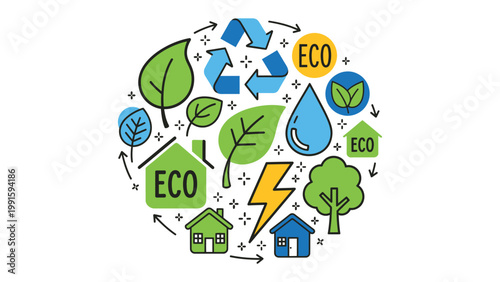 Eco-Friendly Design: A visually appealing graphic illustration representing eco-consciousness, sustainable living, and environmental protection, with a harmonious blend of leaves, recycling symbols.