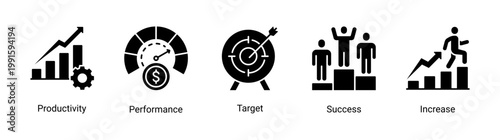 Kaizen productivity icon set featuring performance,target achievement,and growth concepts.Designed for business performance tracking,productivity improvement,and goal achievement visualization.