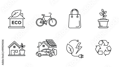 Eco-Friendly Icons: A collection of minimalist line icons representing sustainability, environmental protection, and a greener lifestyle. 
