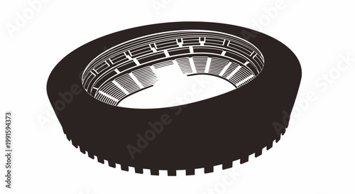Stadium silhouette displays a modern architectural structure with circular tiered seating arrangements isolated against a clean white background for design projects.