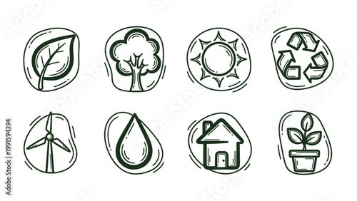 Eco-Friendly Icons: A collection of hand-drawn icons representing key elements of environmental sustainability and eco-friendliness, conveying concepts of nature, conservation, and recycling.