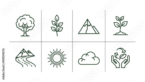 Nature Icons: An illustrative collection of nature icons representing various elements, perfect for design and environmental projects.