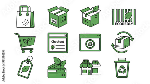 Eco-Friendly Shopping: A collection of environmentally conscious shopping icons, featuring shopping bags, boxes, and more, promoting sustainable practices and eco-friendly choices. 