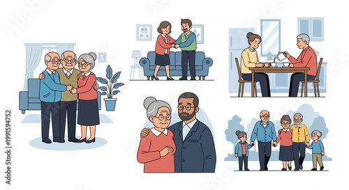 Set of illustrations depicting various daily activities of elderly people.