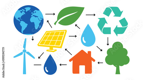 Eco-Friendly Cycle: An intricate illustration portrays the cyclical nature of our environment, where the earth, sun, water, and wind coalesce, fostering a sustainable future.