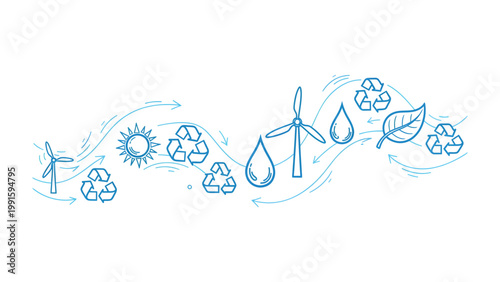 Eco-Friendly Harmony: A captivating illustration showcases a seamless fusion of nature and sustainable practices, as wind turbines and recycling symbols dance together in a harmonious arrangement.