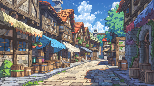 Charming Medieval Village Streetscape with Cobblestone Pathways and Wooden Architecture, Filled with Colorful Market Stalls and Inviting Atmosphere Under a Bright Blue Sky